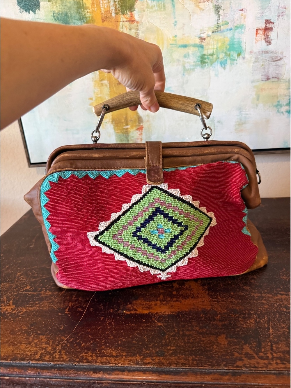 Double D Ranch western beaded leather handbag bone/antler handle